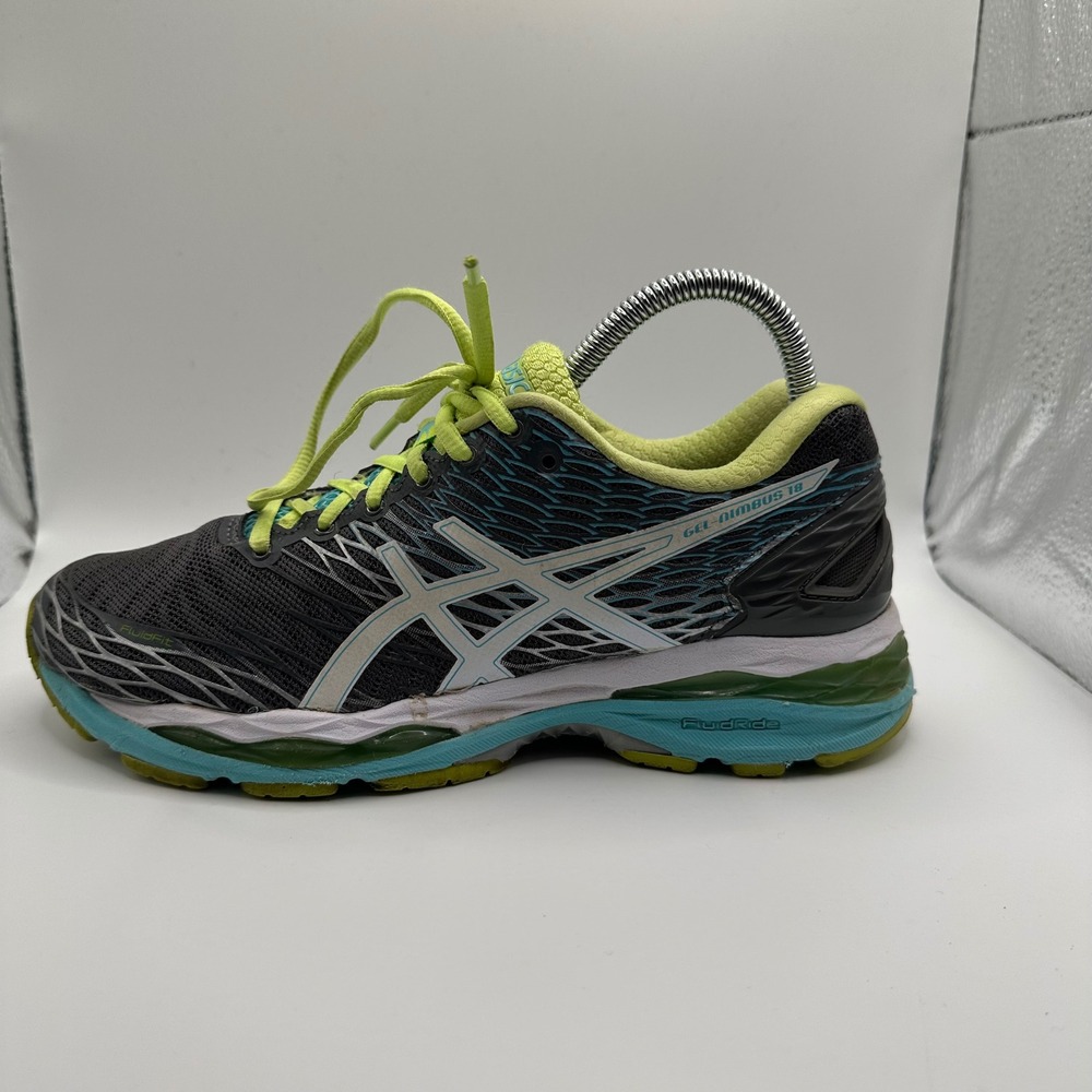 Asics Gel-Nimbus 18 Running Shoes Womens 7.5 Grey Blue Neon T651N Good FluidRide